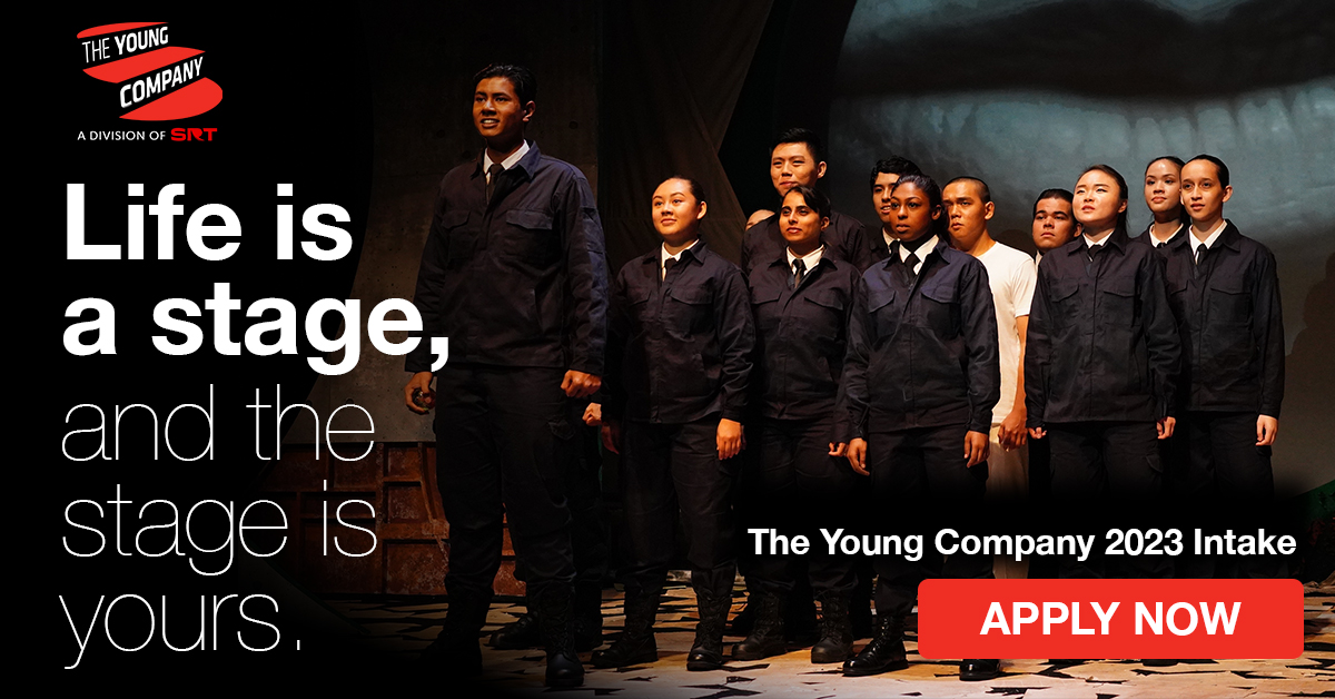 A group of 11 actors standing on stage wearing black industrial jacket. The tagline says "Fuel your passion for acting". It also says The Young Company 2023 Intake with Audition Dates 11 & 12 Nov. With a red apply now button.