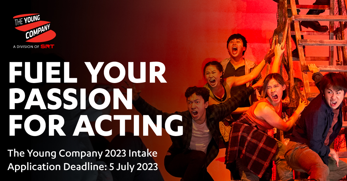 A group of 11 actors standing on stage wearing black industrial jacket. The tagline says "Fuel your passion for acting". It also says The Young Company 2023 Intake with Audition Dates 11 & 12 Nov. With a red apply now button.