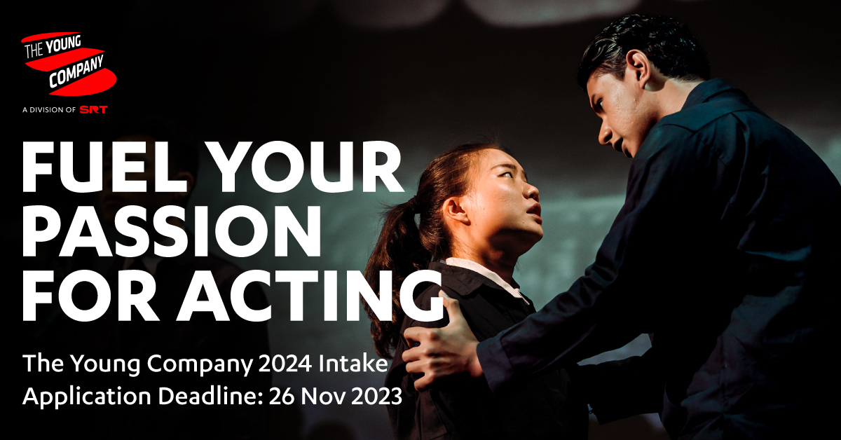 A group of 11 actors standing on stage wearing black industrial jacket. The tagline says "Fuel your passion for acting". It also says The Young Company 2023 Intake with Audition Dates 11 & 12 Nov. With a red apply now button.