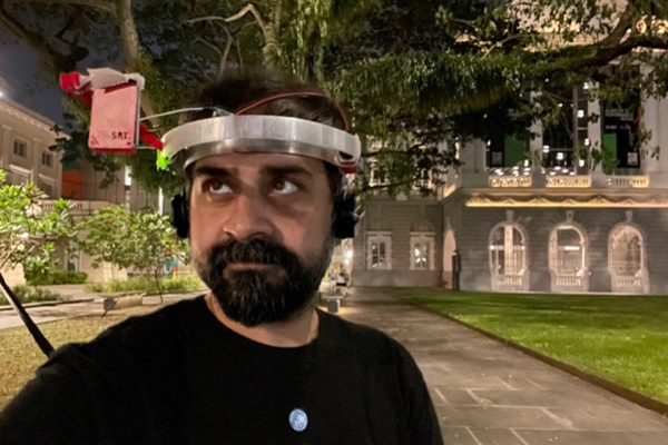 Saad Chinoy, Salvage Garden, testing device outside Victoria Theatre