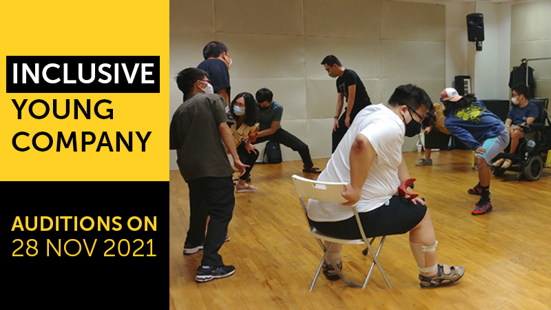 The image features a photo of a group of individuals exercising in dynamic poses. They are all arranged in a circle, with half of them facing the camera due to its angle. There is an individual sitting on a white chair with his crutches, and another on his wheelchair. They are all part of the circle. At the bottom of the image, there is a thin yellow strip from left to right of the image, with the text 'New! Inclusive Young Company' written on the strip in a black font.