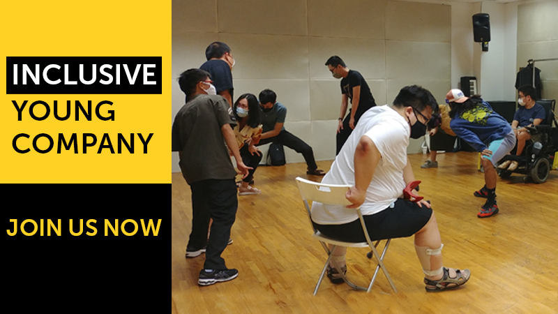 The image features a photo of a group of individuals exercising in dynamic poses. They are all arranged in a circle, with half of them facing the camera due to its angle. There is an individual sitting on a white chair with his crutches, and another on his wheelchair. They are all part of the circle. At the bottom of the image, there is a thin yellow strip from left to right of the image, with the text 'New! Inclusive Young Company' written on the strip in a black font.