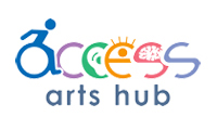 Access spelt with disability icons in multi – colours. Arts Hub in blue font.