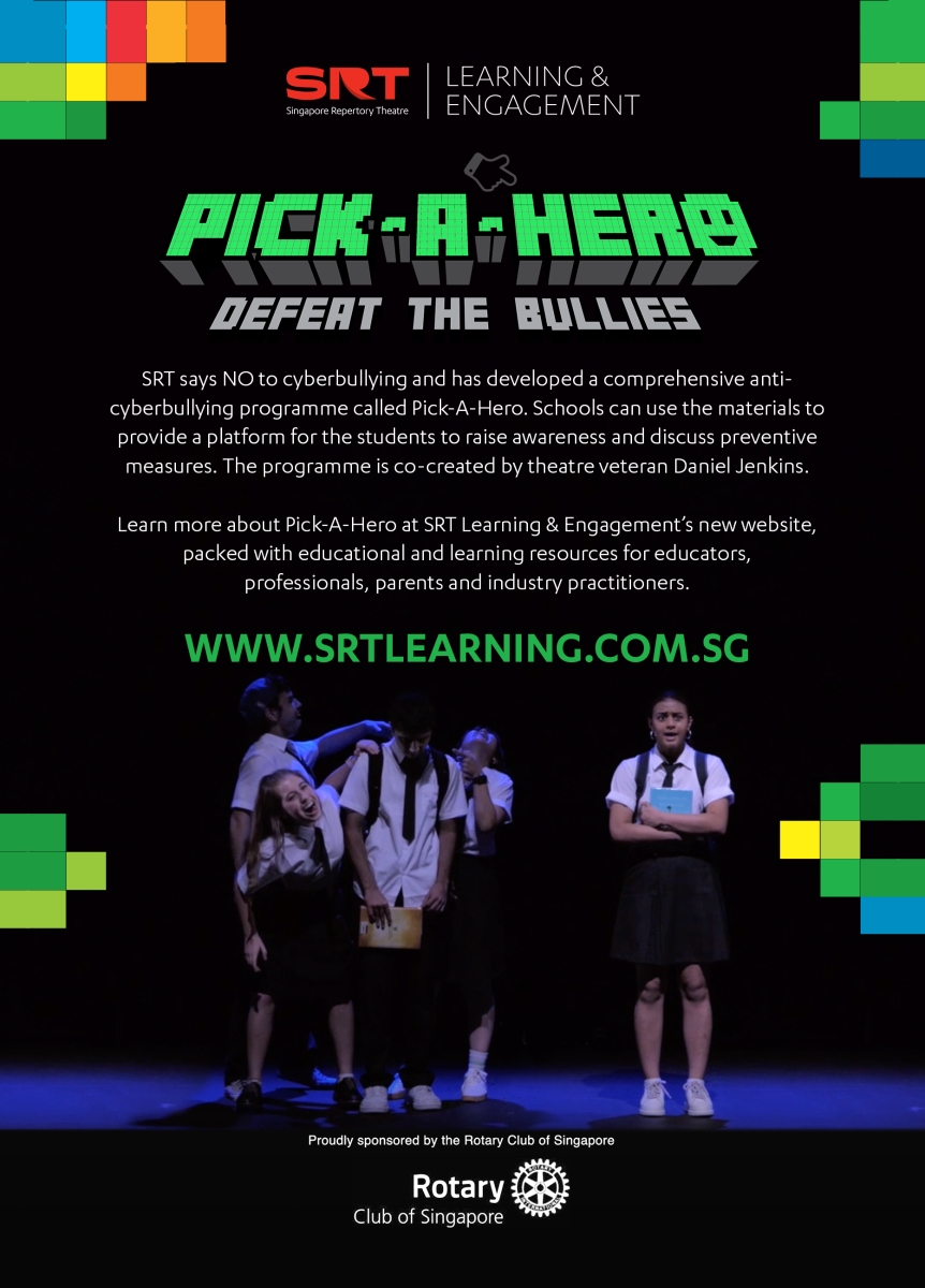 An image with a black background. Three students are laughing at a student in the centre. Next to them is another student holding on to a book. Text on top of the image includes SRT learning and engagement, pick a hero defeat the bullies. SRT says no to cyberbullying and has developed a comprehensive anti cyberbullying programme called pick a hero. Schools can use the materials to provide a platform for the students to raise awareness and discuss preventive measures. Find out more on www.srtlearning.com.sg